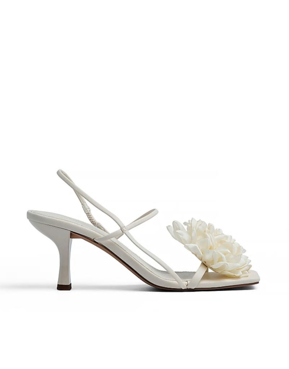 square toe heeled sandals with corsage detail in off-white