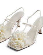 square toe heeled sandals with corsage detail in off-white