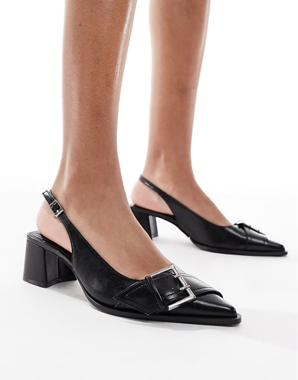 slingback heeled shoe with buckle detail and in black