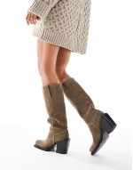 Celia leather western pull on boots in taupe suede