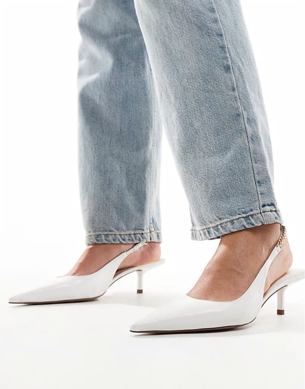 Sharp slingback chain detail kitten heeled shoes in white