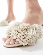 leather heeled mules with layered flower detail in off-white