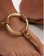 gold ring detail leather sandals in tan