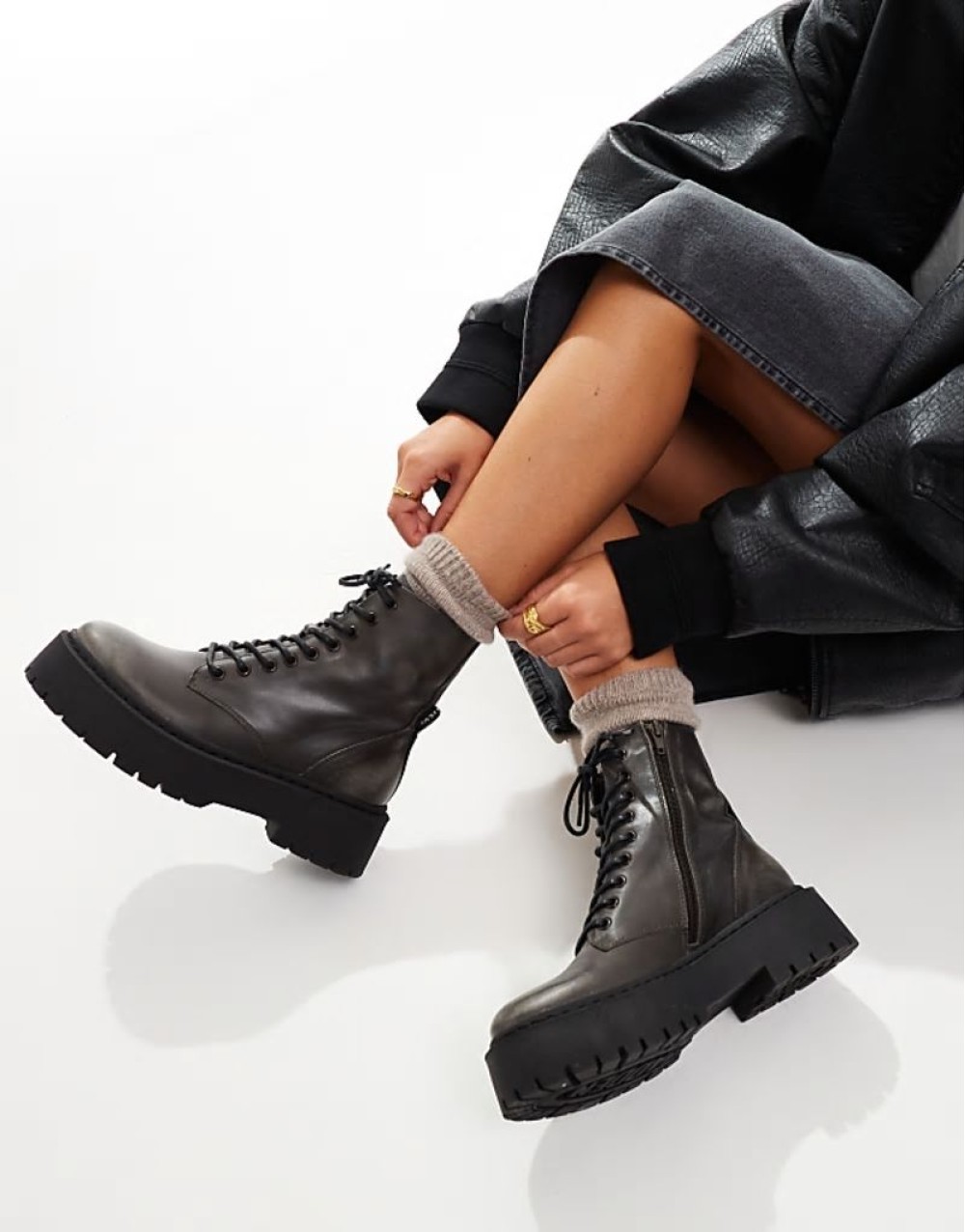 Skylar chunky lace up biker boots in grey distressed leather