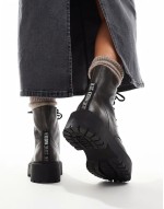 Skylar chunky lace up biker boots in grey distressed leather