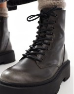 Skylar chunky lace up biker boots in grey distressed leather