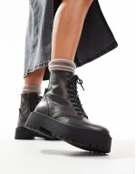Skylar chunky lace up biker boots in grey distressed leather