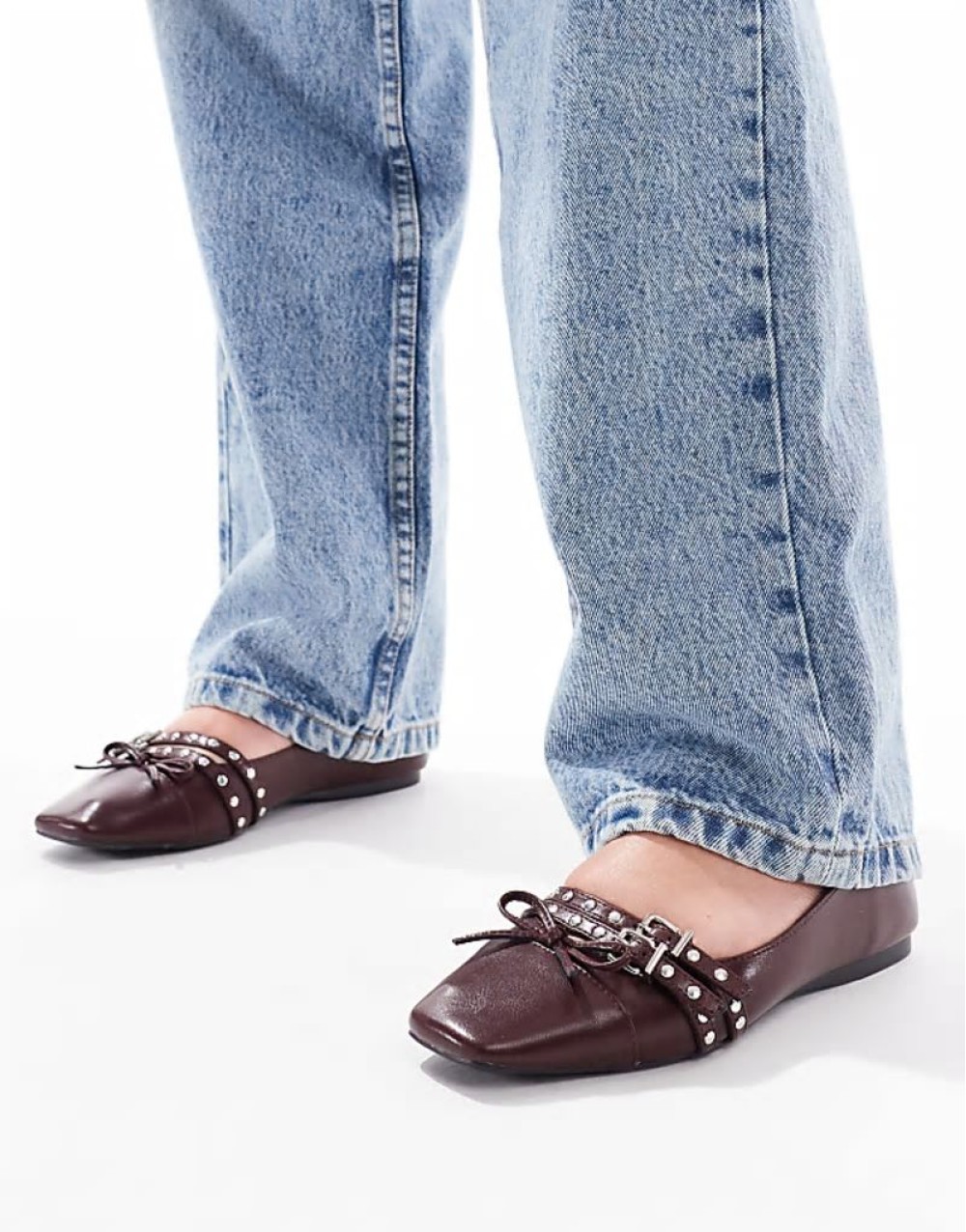 studded buckle ballet shoe in patent burgundy