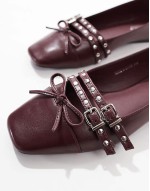studded buckle ballet shoe in patent burgundy
