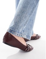 studded buckle ballet shoe in patent burgundy