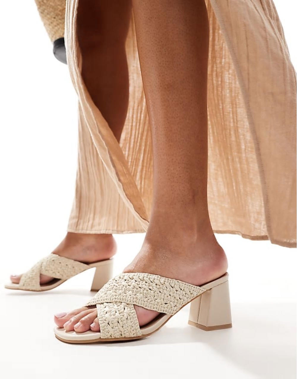 cross strap crochet mid heeled sandal in off white