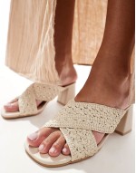 cross strap crochet mid heeled sandal in off white