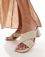 cross strap crochet mid heeled sandal in off white