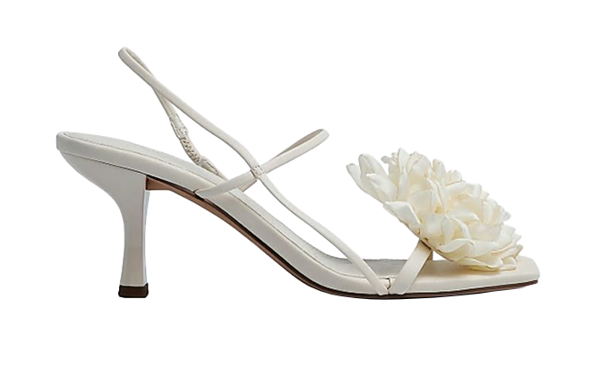 square toe heeled sandals with corsage detail in off-white
