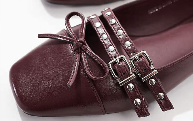 studded buckle ballet shoe in patent burgundy